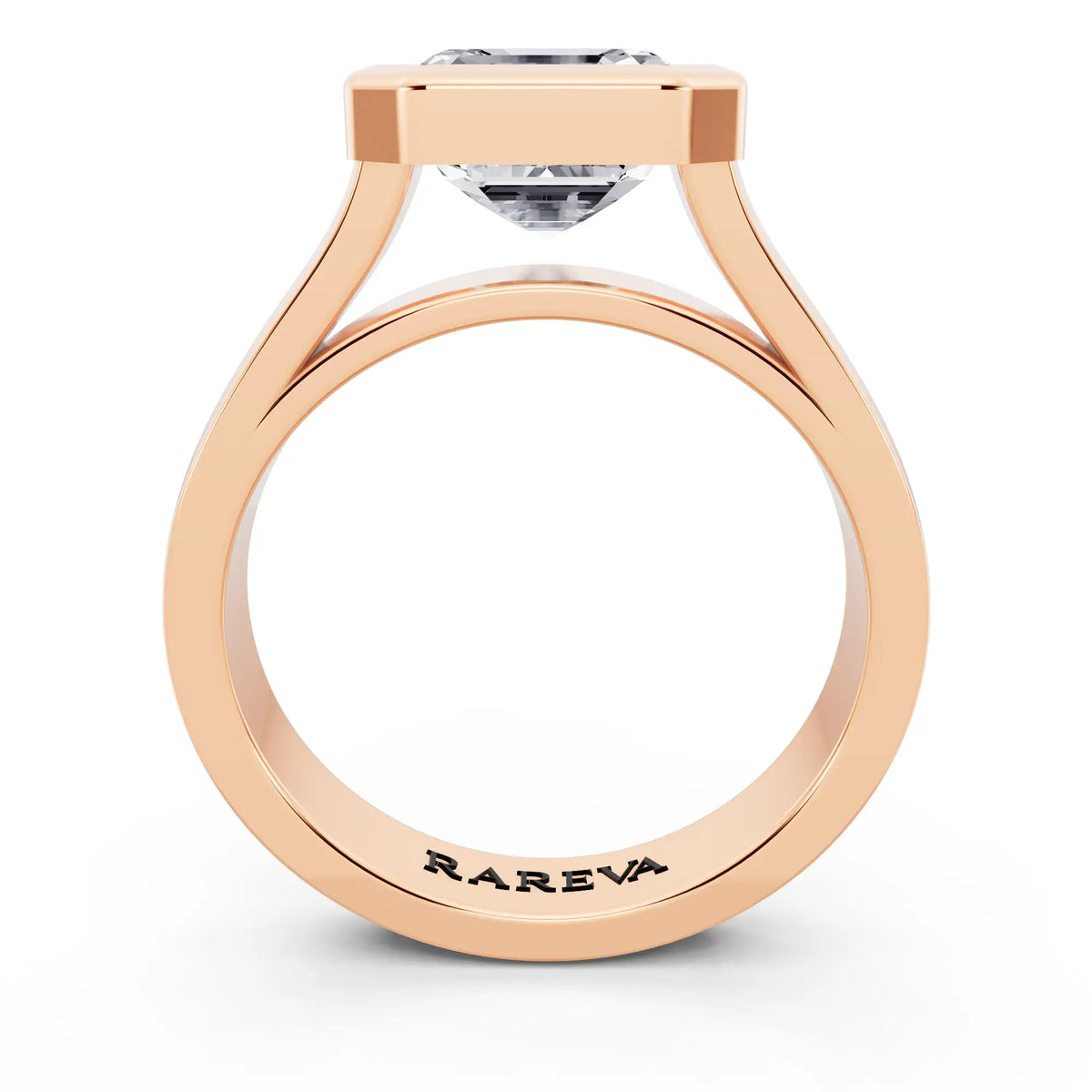 14 KT Rose Gold Asscher Cut Diamond Bezel Set Solitaire Ring - through finger