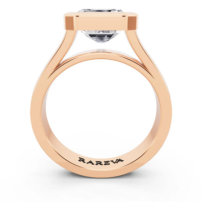14 KT Rose Gold Asscher Cut Diamond Bezel Set Solitaire Ring - through finger