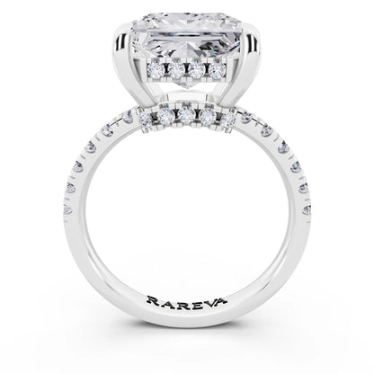 14 KT White Gold Princess Cut Diamond Hidden Halo Tiger Prong Pave Band Ring - through finger