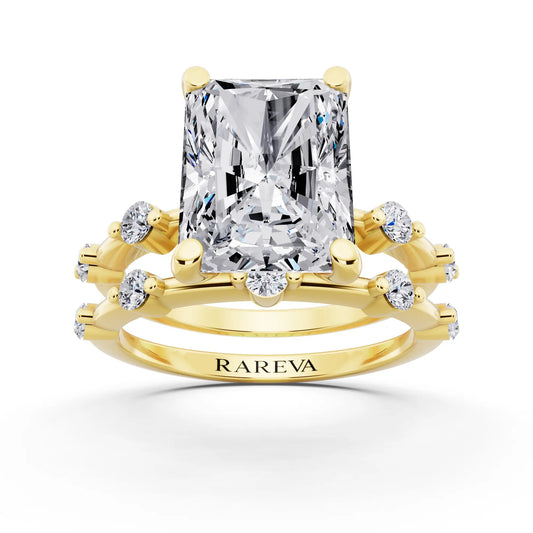 14 KT Yellow Gold Radiant Cut Diamond Ring with Floating Accent Band - front view