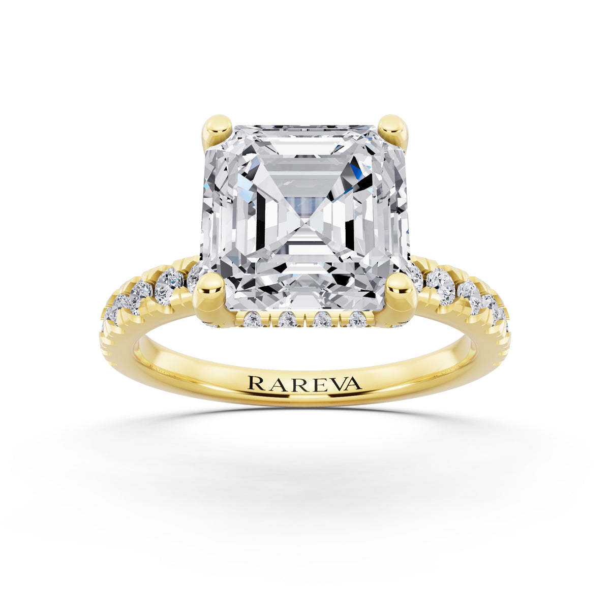 14 KT Yellow Gold Asscher Cut Diamond Hidden Halo Ring with Pave Shank - front view