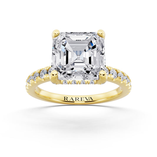 14 KT Yellow Gold Asscher Cut Diamond Hidden Halo Ring with Pave Shank - front view