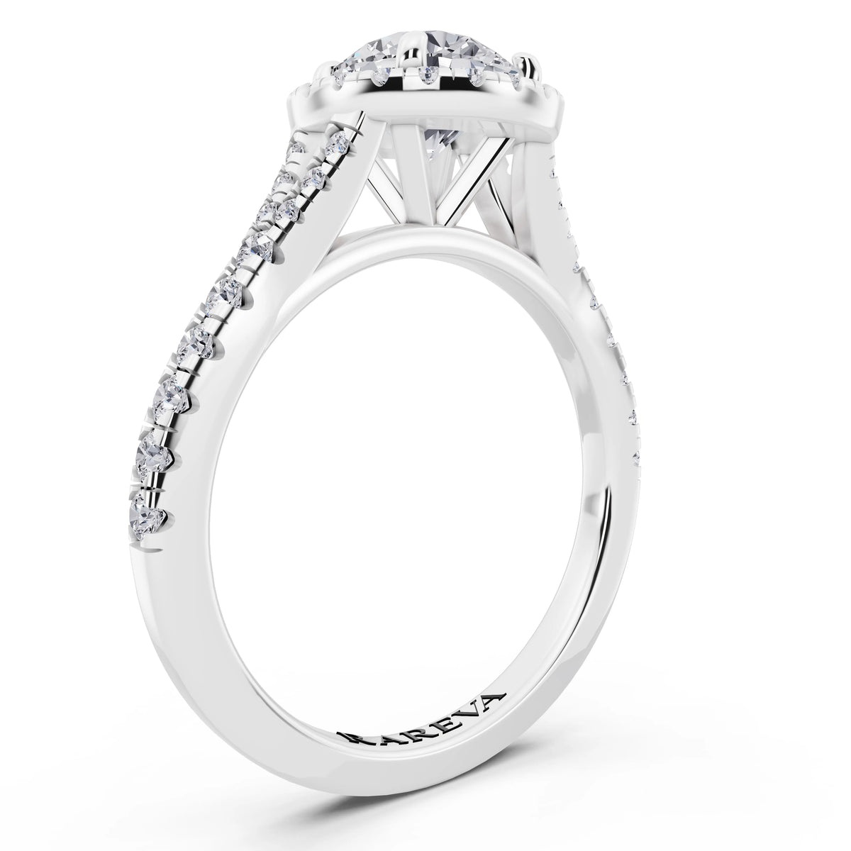 18 KT White Gold Round Cut Diamond Halo Ring with Split Shank - top view