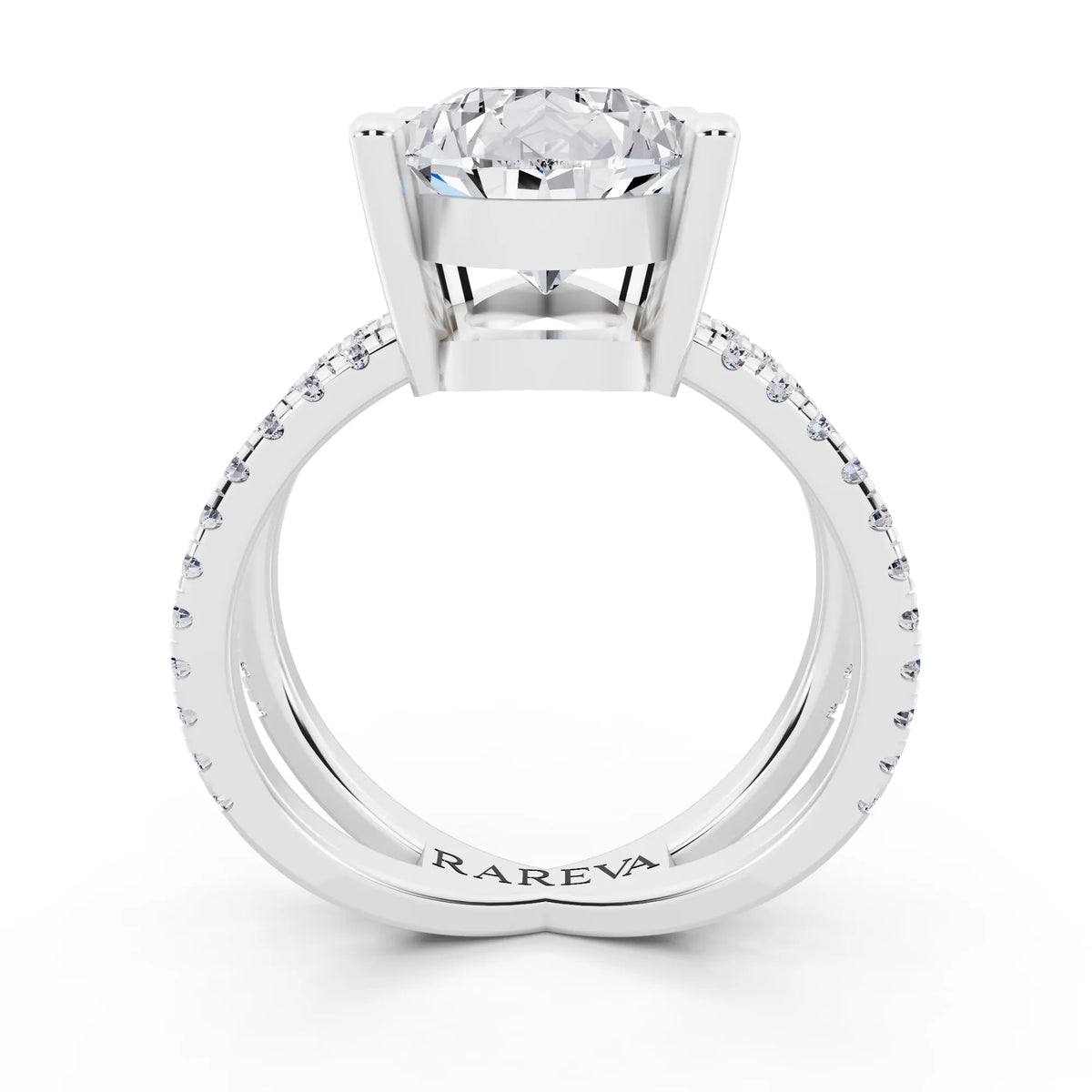 Platinum Pear Cut Diamond Ring with Twisted Split Shank - through finger