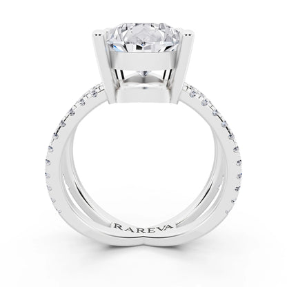 Platinum Pear Cut Diamond Ring with Twisted Split Shank - through finger