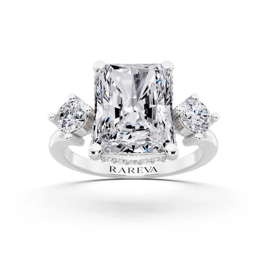 Platinum Radiant Cut Diamond Three Stone Engagement Ring with Hidden Halo - front view