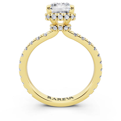 14 KT Yellow Gold Radiant Cut Diamond Hidden Halo Ring with Pave Band - through finger