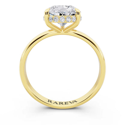 18 KT Yellow Gold Pear Cut Diamond Hidden Halo Solitaire Ring - through finger