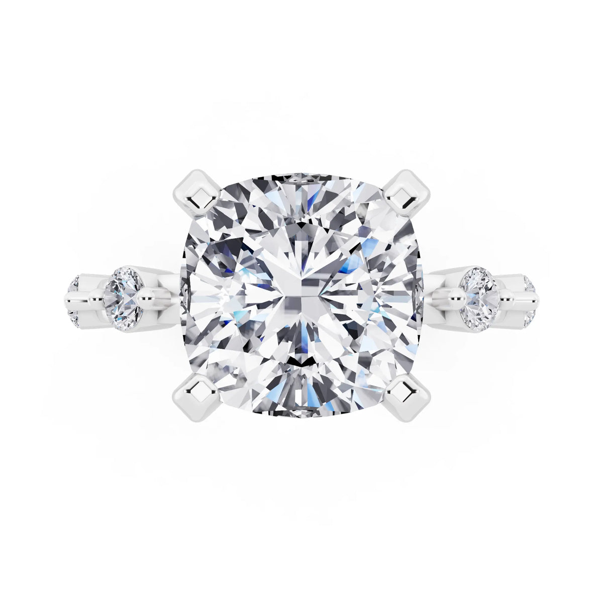 18 KT White Gold Cushion Cut Diamond Solitaire Ring with Floating Diamond Accents - top angle