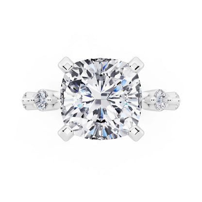 18 KT White Gold Cushion Cut Diamond Solitaire Ring with Floating Diamond Accents - top angle