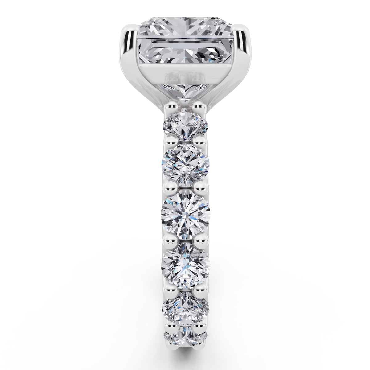 14 KT White Gold Princess Cut Diamond Ring with Shared Prong Eternity Band - side view