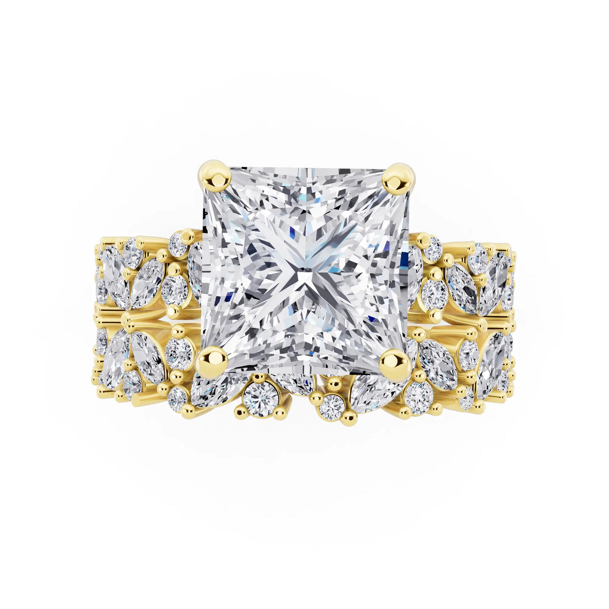 14 KT Yellow Gold Princess Cut Diamond Ring with Marquise Cluster Band - top angle