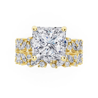 14 KT Yellow Gold Princess Cut Diamond Ring with Marquise Cluster Band - top angle