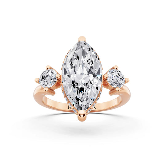 18 KT Rose Gold Marquise Cut Diamond Three Stone Engagement Ring with Hidden Halo - front view