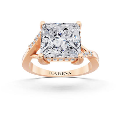 14 KT Rose Gold Princess Cut Diamond Split Shank Engagement Ring with Hidden Halo - front view