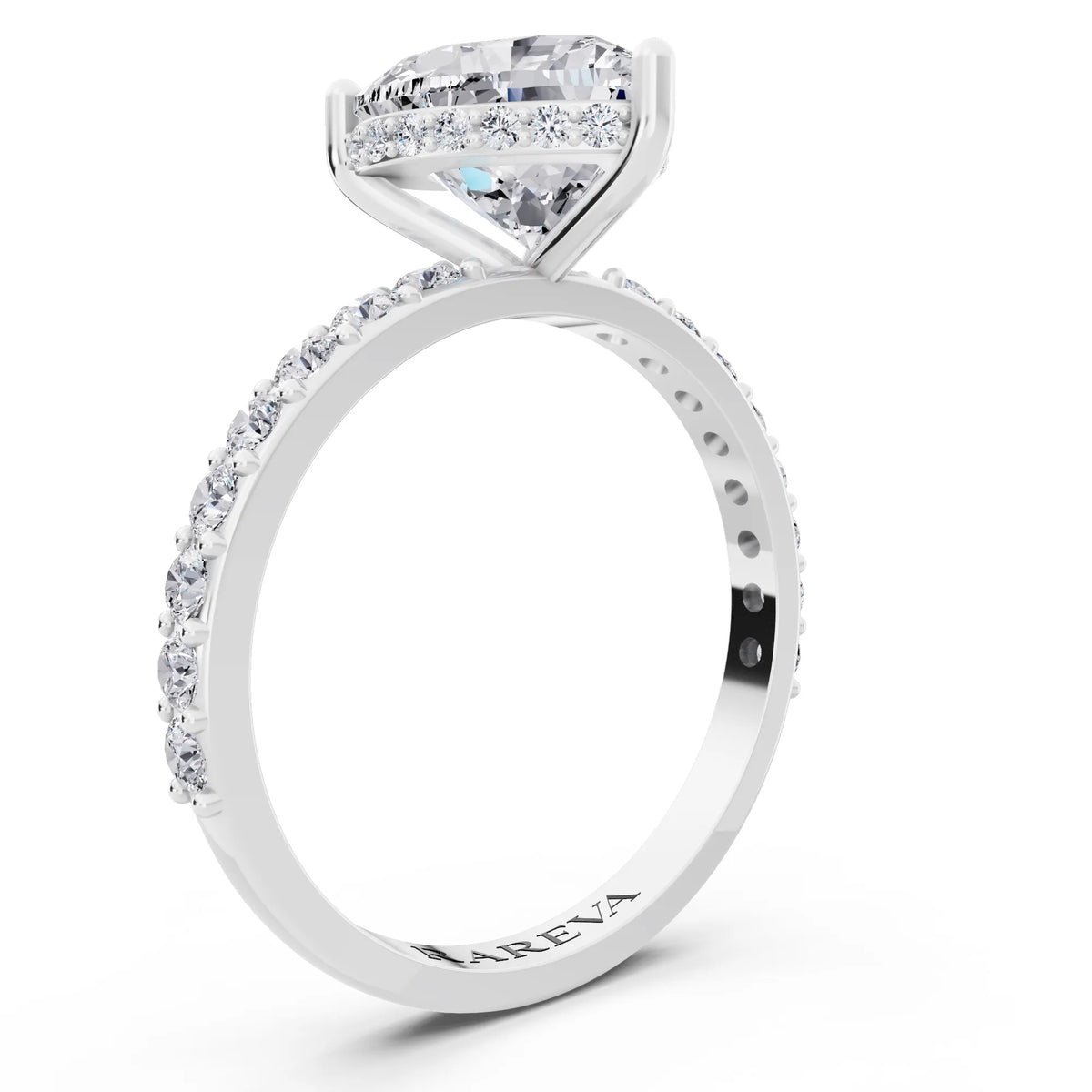 18 KT White Gold Heart Cut Diamond Solitaire Ring with Hidden Halo and Pave Band - top view
