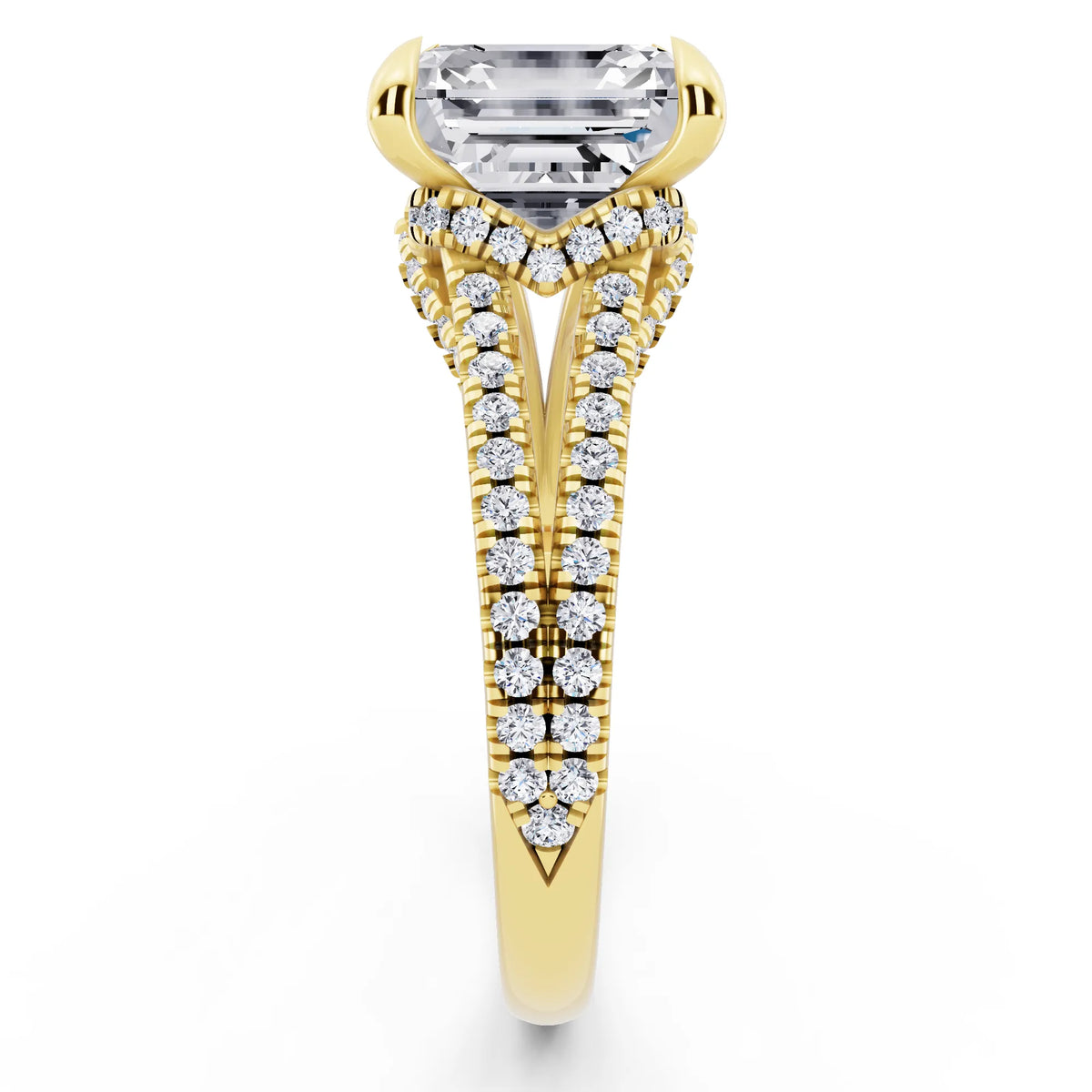 14 KT Yellow Gold Asscher Cut Diamond Ring with Pavé Split Shank - side view