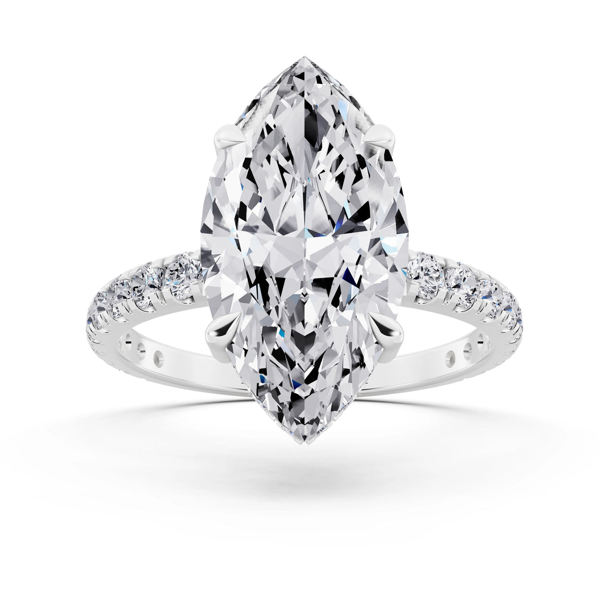 Platinum Marquise Cut Diamond Solitaire Ring with Hidden Halo and French Pave Band - front view