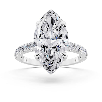 Platinum Marquise Cut Diamond Solitaire Ring with Hidden Halo and French Pave Band - front view