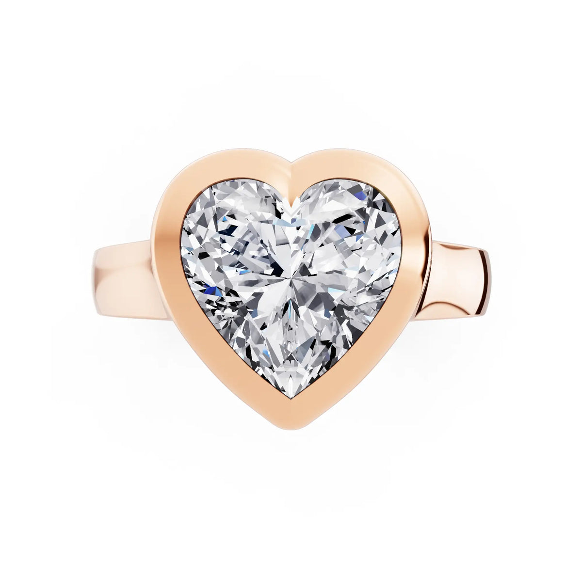 14 KT Rose Gold Heart Cut Diamond Bezel Set Solitaire Ring - top angle