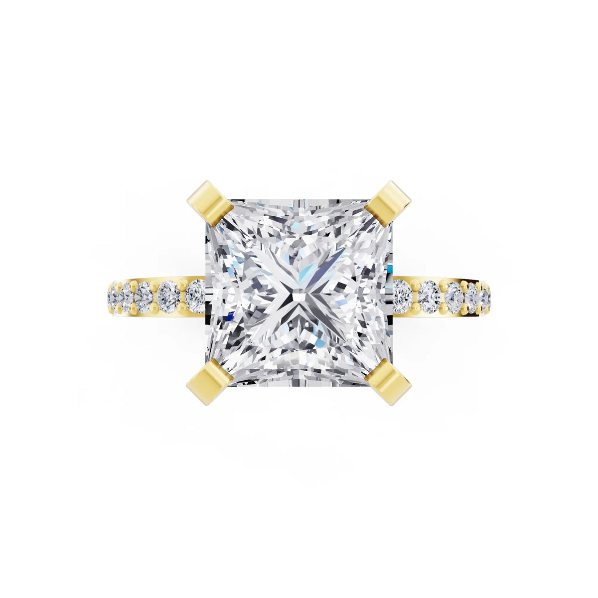 18 KT Yellow Gold Princess Cut Diamond Solitaire Ring with Pave Shank - top angle