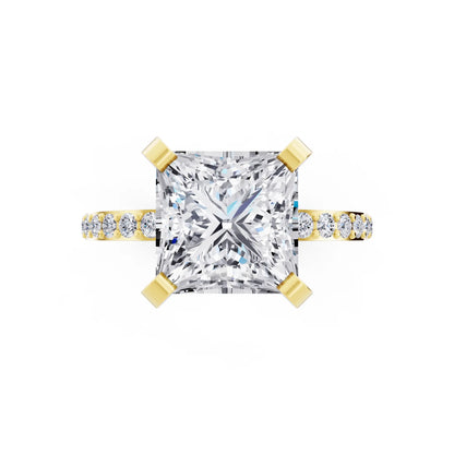 18 KT Yellow Gold Princess Cut Diamond Solitaire Ring with Pave Shank - top angle