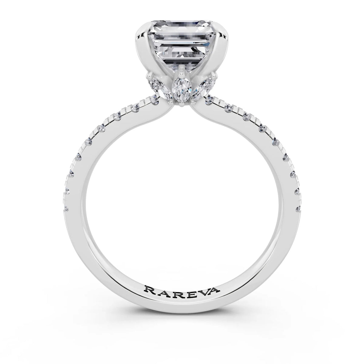 14 KT White Gold Asscher Cut Diamond Solitaire Ring with Marquise Collar - through finger