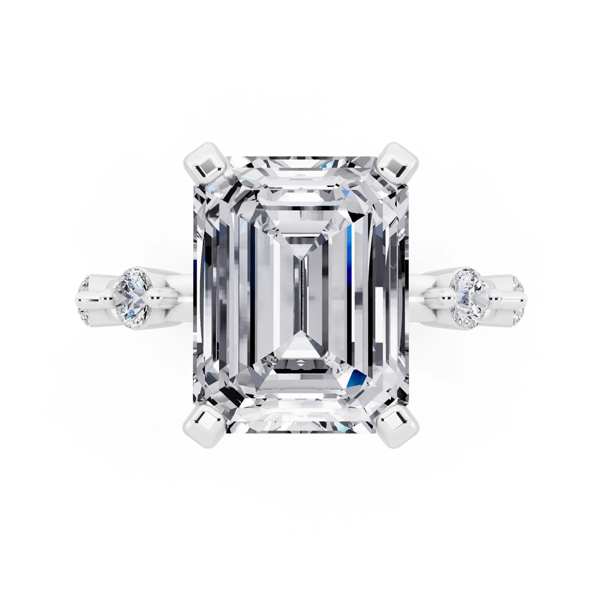 14 KT White Gold Emerald Cut Diamond Solitaire Ring with Floating Diamond Accents - top angle