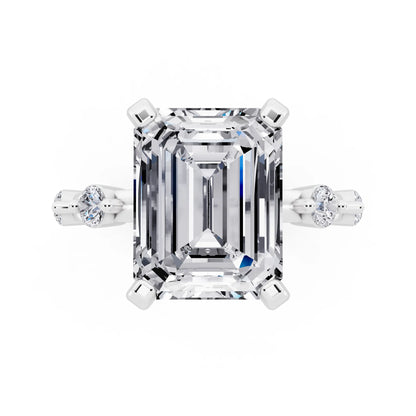 14 KT White Gold Emerald Cut Diamond Solitaire Ring with Floating Diamond Accents - top angle