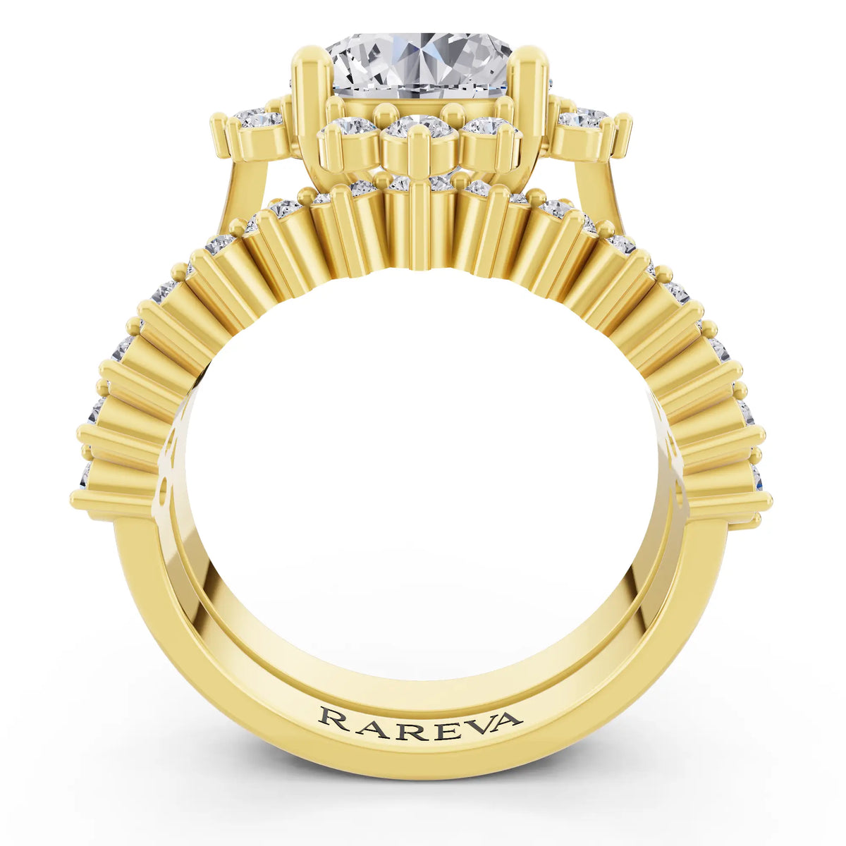 14 KT Yellow Gold Round Cut Diamond Sunburst Halo Ring with Graduated Band - Through