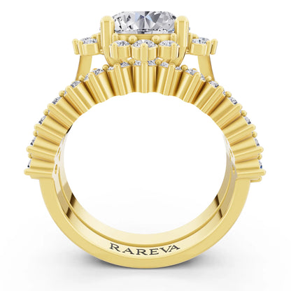14 KT Yellow Gold Round Cut Diamond Sunburst Halo Ring with Graduated Band - Through