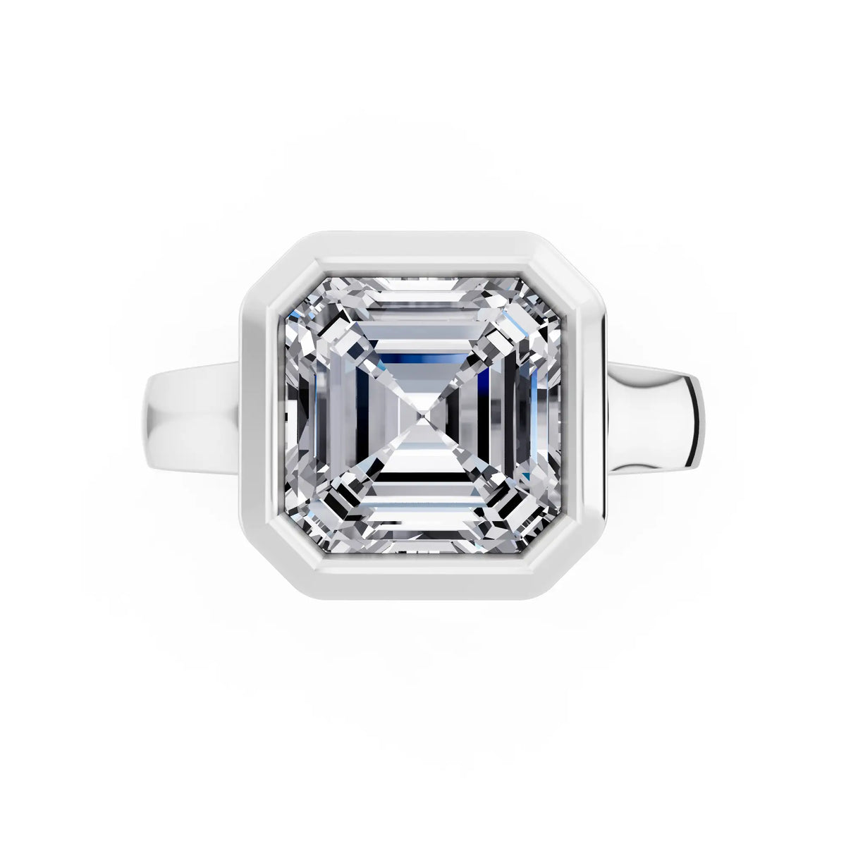18 KT White Gold Asscher Cut Diamond Bezel Set Solitaire Ring - front view