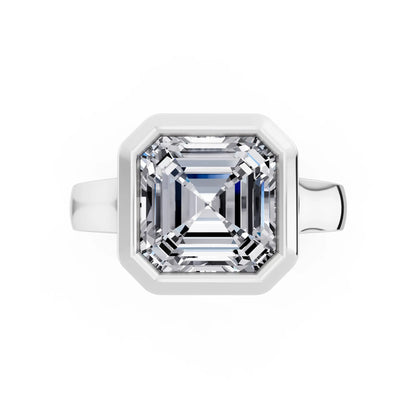 18 KT White Gold Asscher Cut Diamond Bezel Set Solitaire Ring - front view