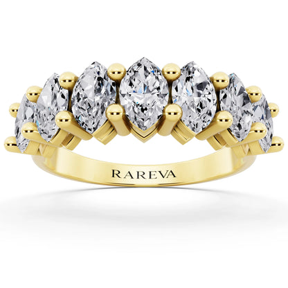 14K Yellow Gold Seven Stone Marquise Cut Diamond Half Eternity Wedding Band - 2mm - Front