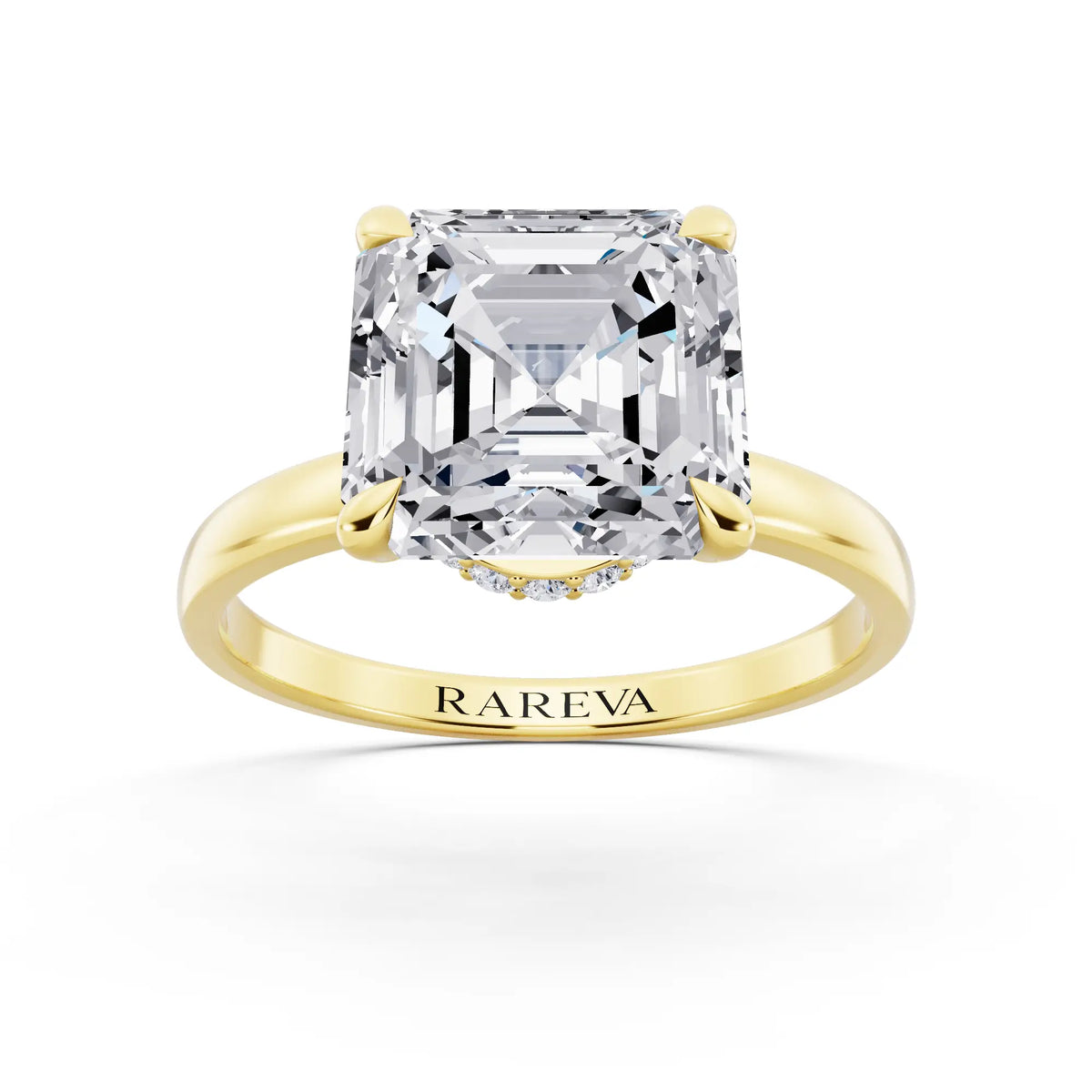 18 KT Yellow Gold Asscher Cut Diamond Solitaire Ring with Pave Collar - front view