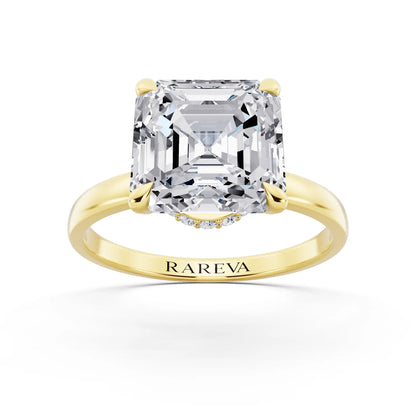 18 KT Yellow Gold Asscher Cut Diamond Solitaire Ring with Pave Collar - front view