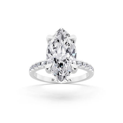 Platinum Marquise Cut Diamond Solitaire Ring with Round Pavé Band and Prong Setting - front view