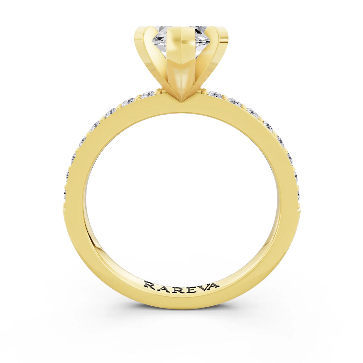 18 KT Yellow Gold Marquise Cut Diamond Solitaire Ring with Pave Shank - through finger