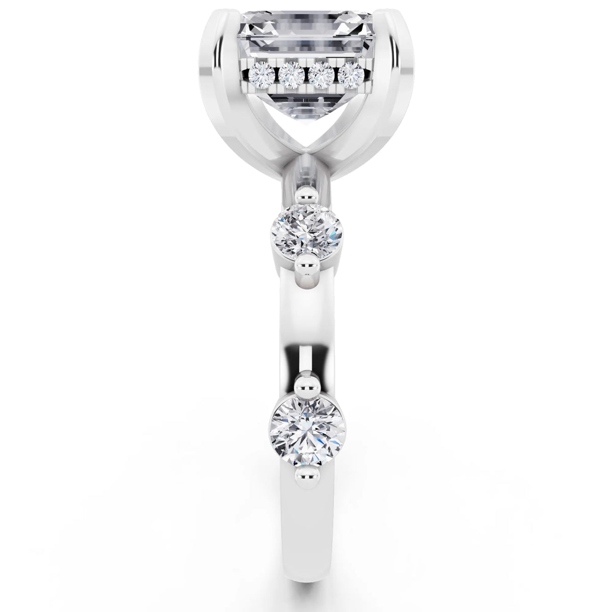 Platinum Asscher Cut Diamond Solitaire Ring with Floating Diamond Accents - side view