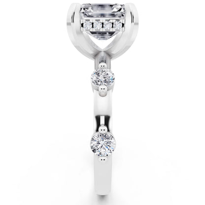 Platinum Asscher Cut Diamond Solitaire Ring with Floating Diamond Accents - side view