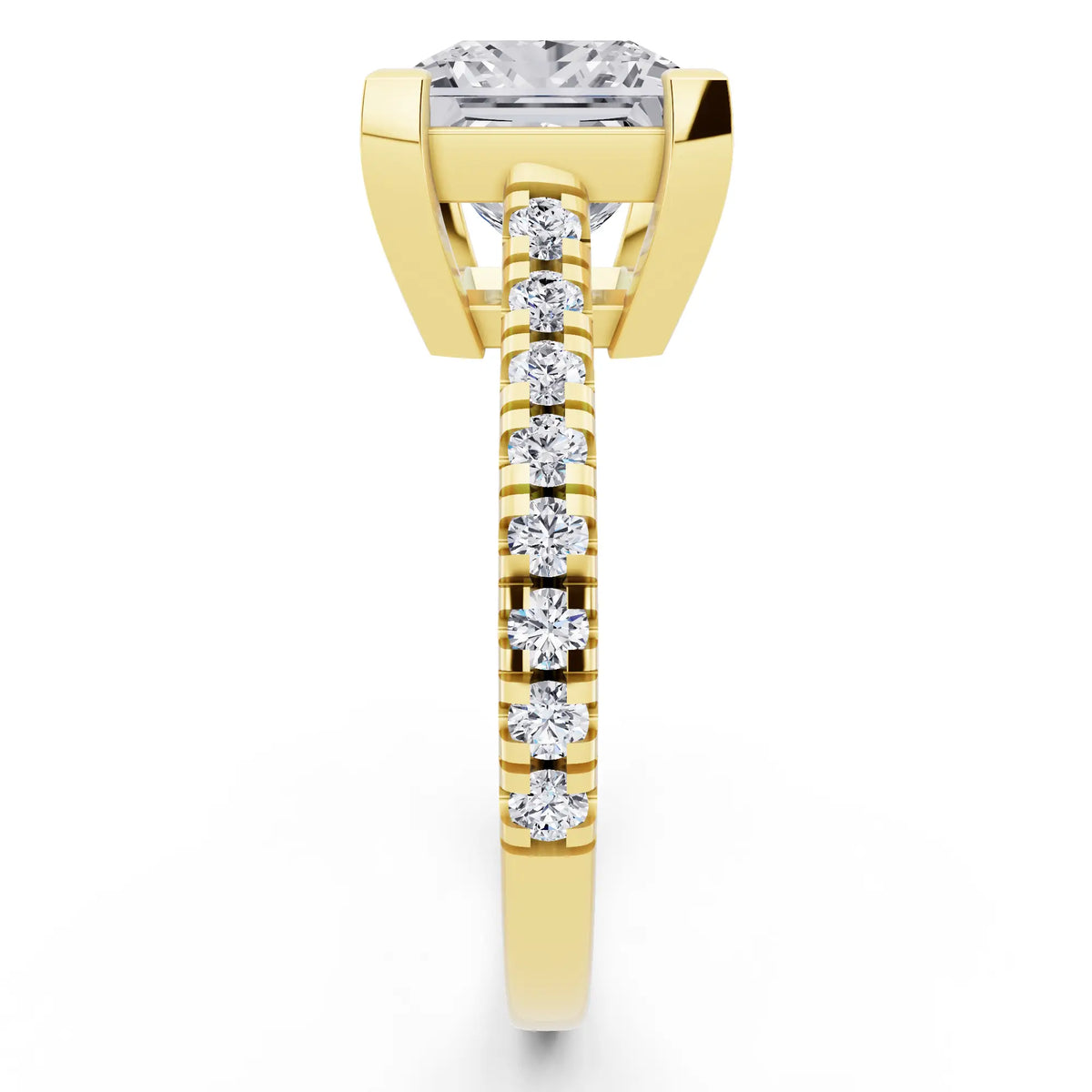 18 KT Yellow Gold Princess Cut Diamond Claw Prong Solitaire Ring with French Pave Band - side view