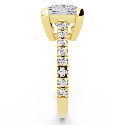 18 KT Yellow Gold Princess Cut Diamond Claw Prong Solitaire Ring with French Pave Band - side view