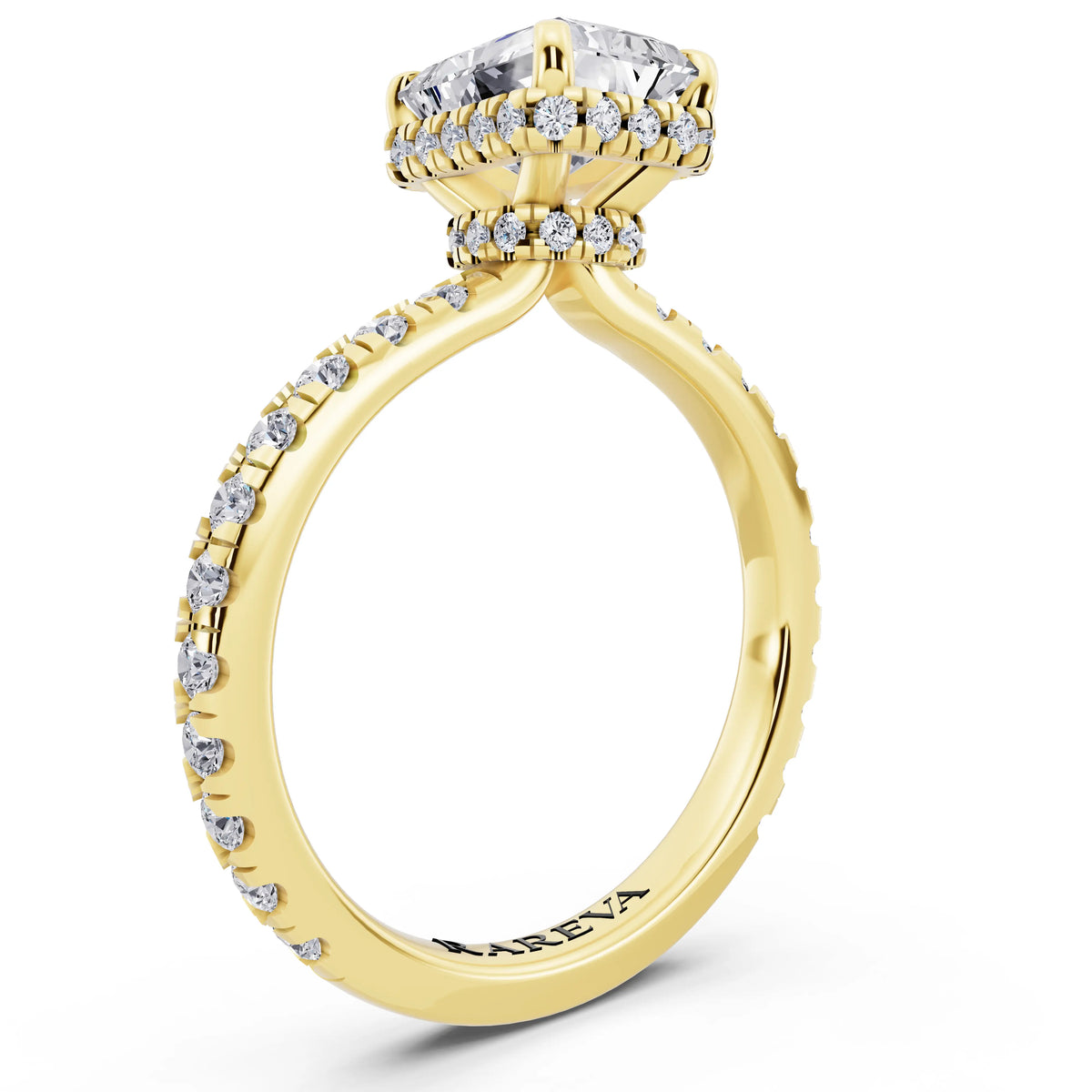 14 KT Yellow Gold Radiant Cut Diamond Hidden Halo Ring with Pave Band - top view