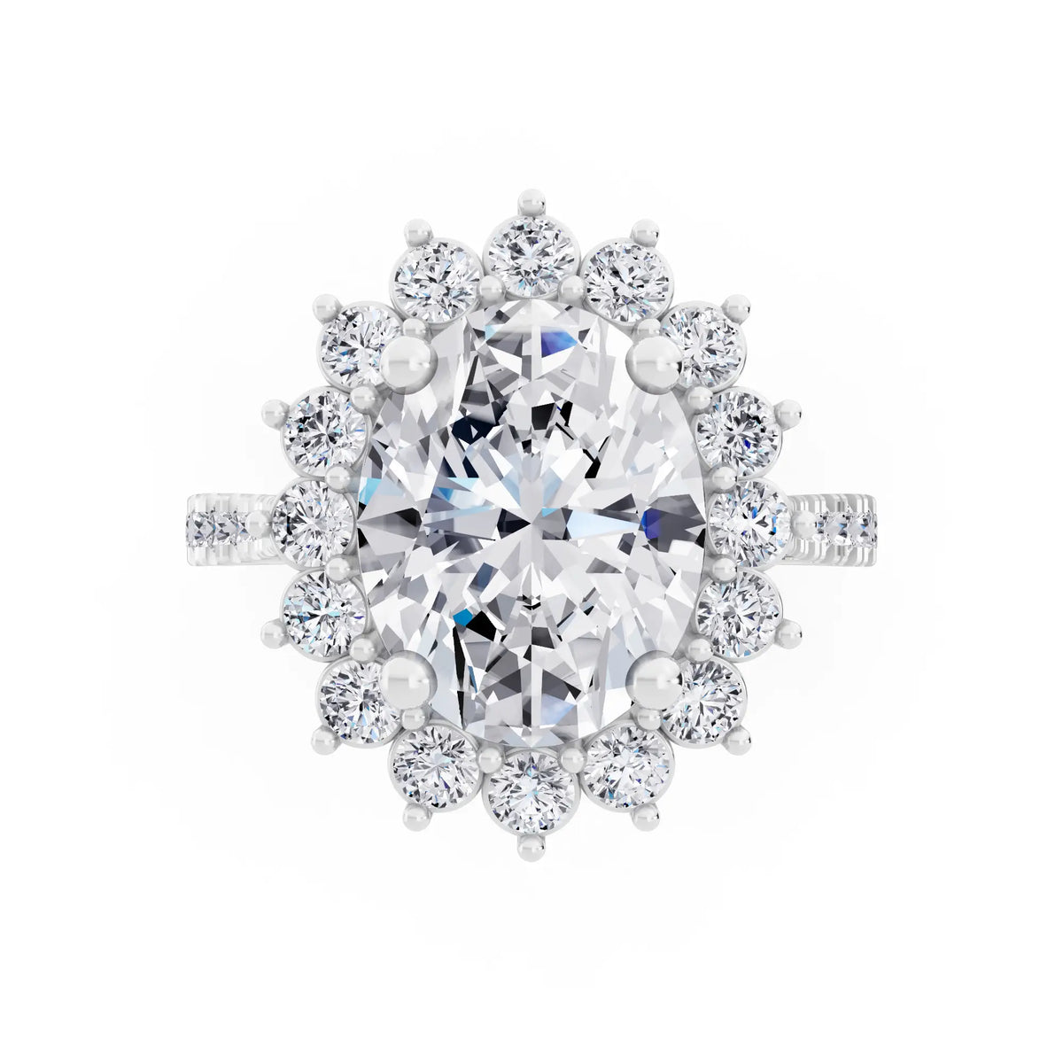 14 KT White Gold Oval Cut Diamond Floral Halo Ring with Pave Band - Top down
