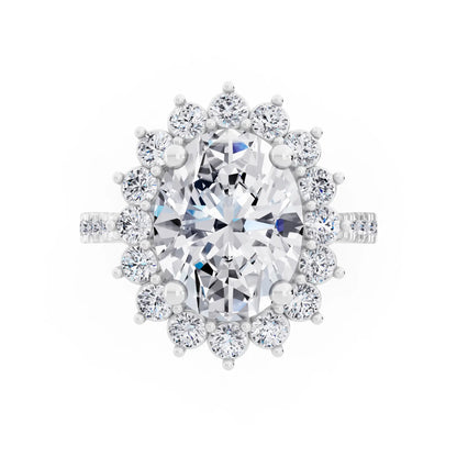 14 KT White Gold Oval Cut Diamond Floral Halo Ring with Pave Band - Top down