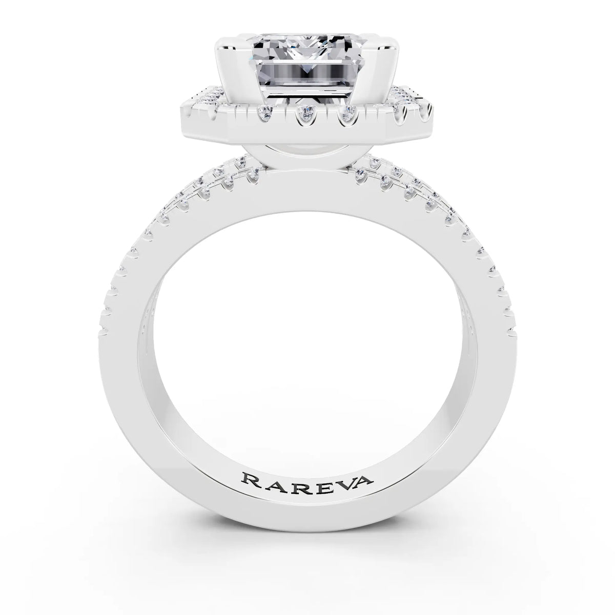 14 KT White Gold Emerald Cut Diamond Halo Ring with Pave Split Shank - through finger