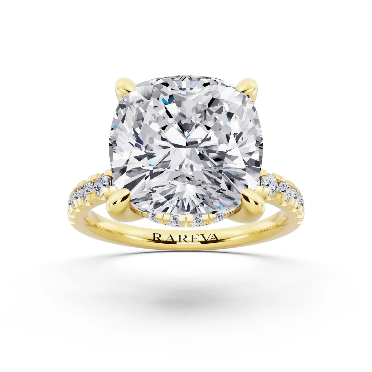 18 KT Yellow Gold Cushion Cut Diamond Hidden Halo Tiger Prong Pave Band Ring - front view
