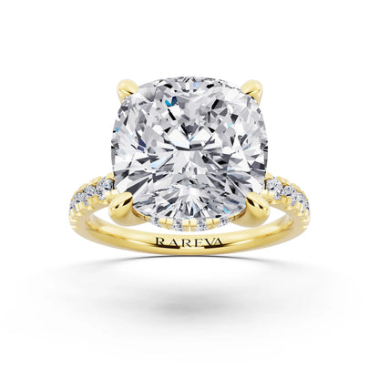 18 KT Yellow Gold Cushion Cut Diamond Hidden Halo Tiger Prong Pave Band Ring - front view