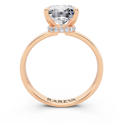 14 KT Rose Gold Radiant Cut Diamond Solitaire Ring with Pave Collar - through finger