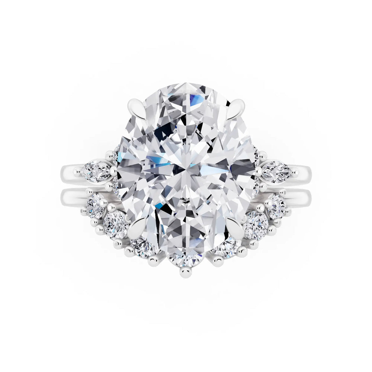 18 KT White Gold Oval Cut Diamond Ring with Curved Cluster Band - top angle